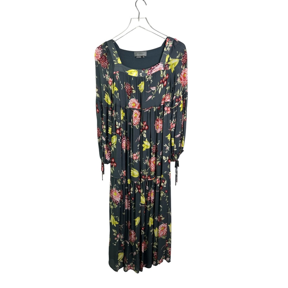 Anthropologie Evelin Floral Maxi Dress Square Neck Tiered Puff Dark Teal XSP - Picture 3 of 11